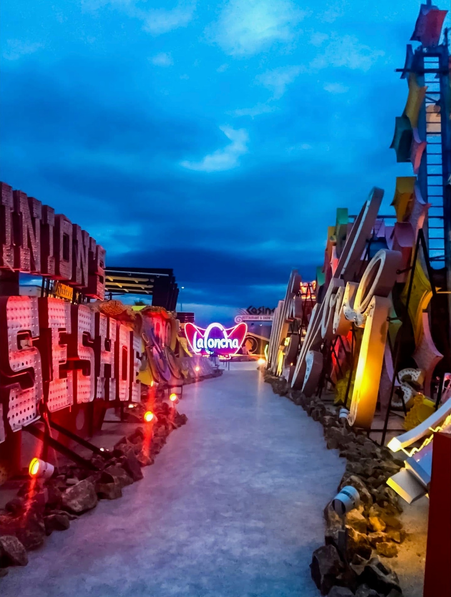 Pathway lined with vintage glowing neon signs at the Neon Graveyard, Las Vegas Nevada 2024